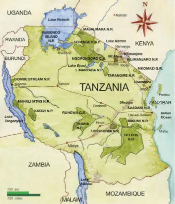 Tanzania hunting safari map showing concession areas